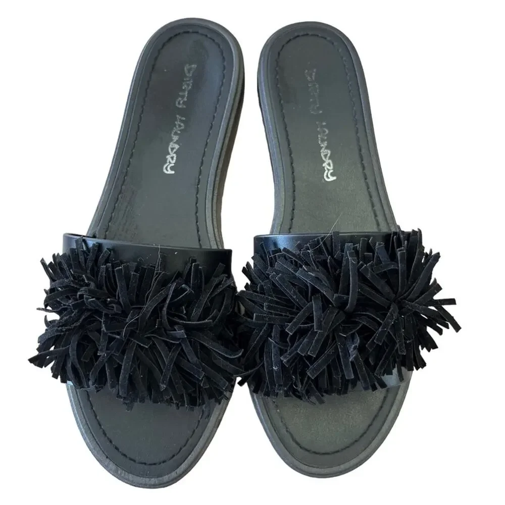 Dirty Laundry *MISMATCHED PAIR*Left 7 Right 8 Black Sandals slide on pompom top - Picture 1 of 16